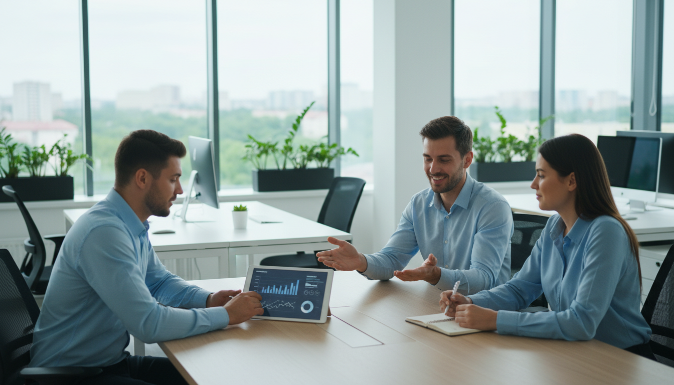 Specjaliści z agencji reklamowej Mayko w Białymstoku analizują wykresy kampanii Facebook Ads na monitorach w nowoczesnym biurze.